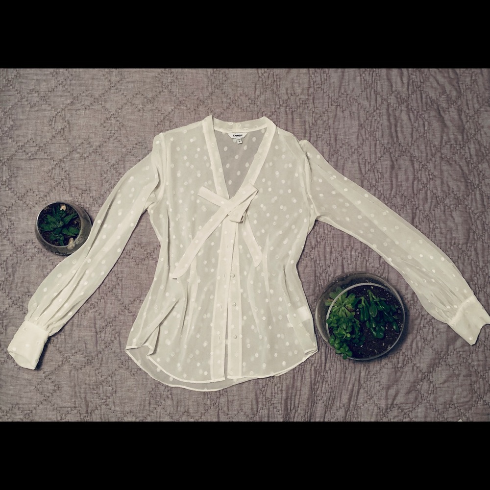 Delicate white blouse with bow in front.